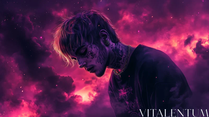 Neon-lit portrait of pensive youth against cosmic magenta nebula