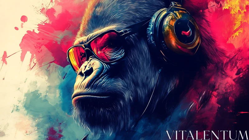 Neon gorilla DJ with headphones radiates bold attitude.