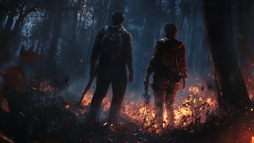 Two survivors stand in burning forest under heavy rain