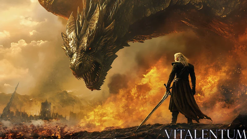Fantasy digital painting of warrior confronting dragon in firestorm.