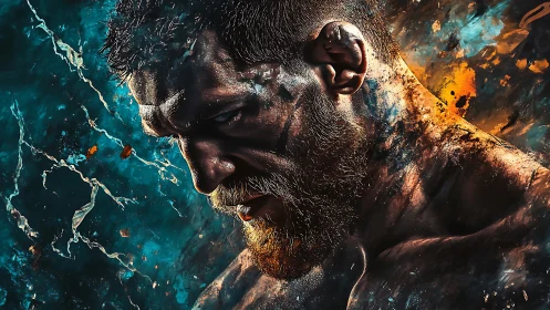 Battle-scarred fighter portrait glows amid abstract flames