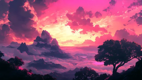 Vibrant digital sky over stylized mountains and cloud valley