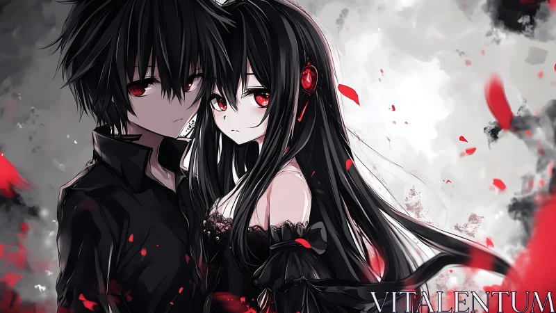 Dark anime couple stands in red and monochrome storm