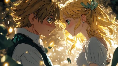 Two stylized characters stand closely facing each other outdoors