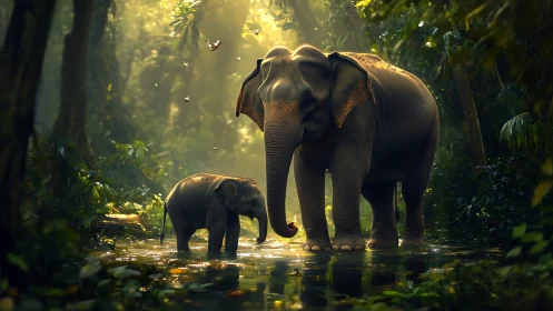 Gentle elephant family wandering through golden jungle light.