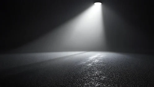 Isolated street spotlight illuminating wet asphalt at night.
