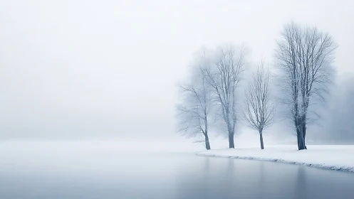 Sparse winter trees align along a frozen lakeshore in dense fog