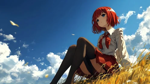 Wind-swept field study with red-haired subject in thigh-highs.