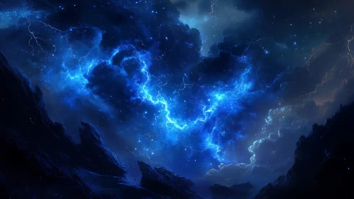 Stormlit cosmic clouds glow brightly above dark jagged cliffs