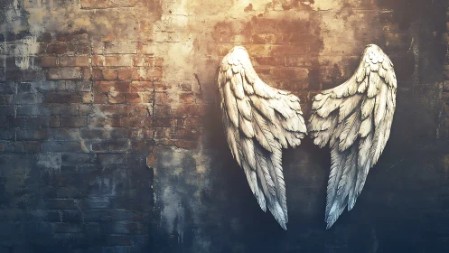 Weathered brick wall borrowed by stray angel wings.