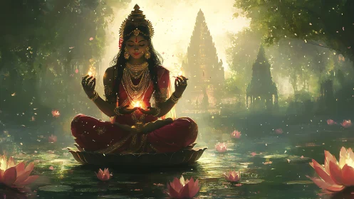 Goddess in red sari meditating on lotus over glowing water.