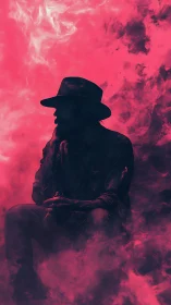 Mystery draped cowboy resting in glowing pink smoke.