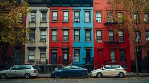 Color-blocked urban row houses align with parked street cars