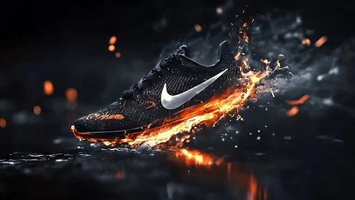 Flame‑lit running shoe slicing through sparks and stormwater.