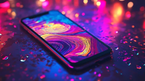 Smartphone lies on wet surface under neon colored lighting