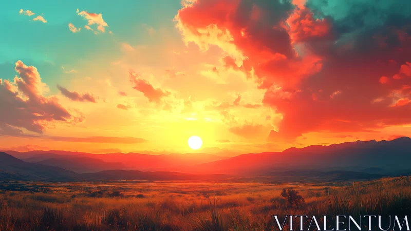 Hyper-saturated digital sunset over layered mountain grasslands