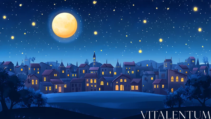 Moonlit town skyline under a clear starry night sky.