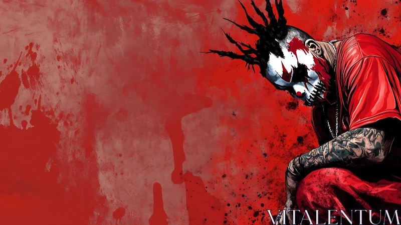 Red background with crouched figure in clown makeup.