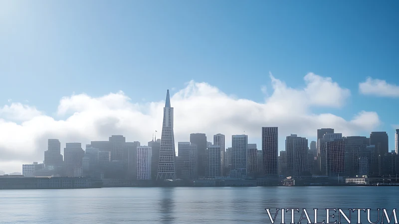 Downtown skyline rises through morning waterfront fog.