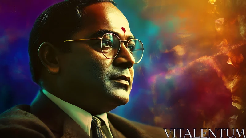 Profile portrait of man in suit against vivid colors.