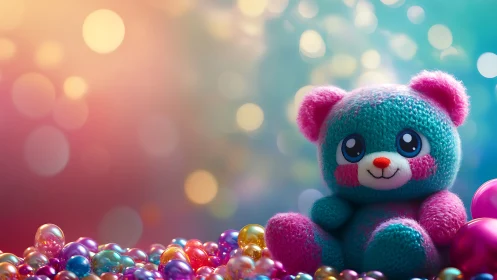 Knitted pastel teddy bear rendered in vibrant bokeh lighting