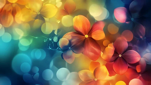 Radiant abstract blossoms float through dreamy bokeh light.