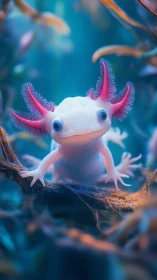 Digital axolotl portrait in glowing aquatic habitat.