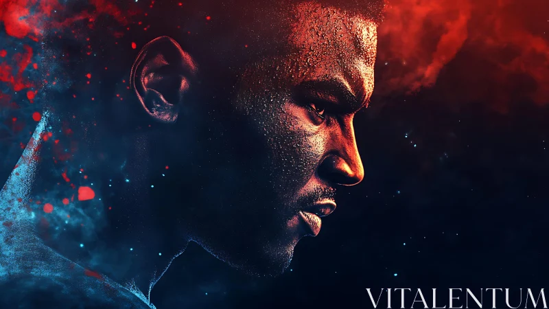 Intense athlete portrait glows within red and blue nebulae.
