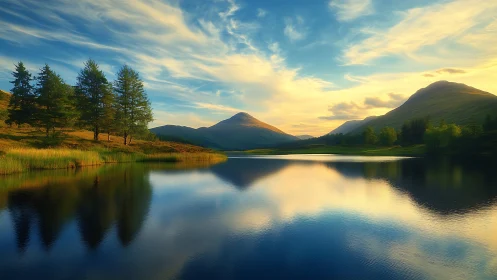 Sunlit mountain lake mirrored beneath luminous skies.