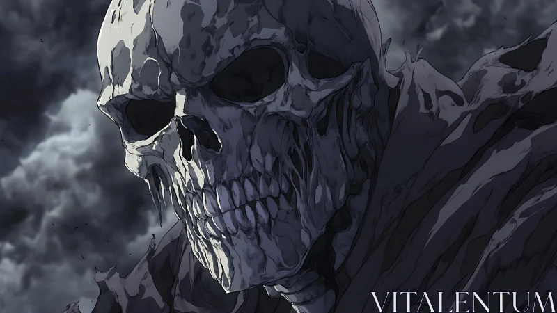 Grim skeletal figure in tattered cloak under storm clouds.