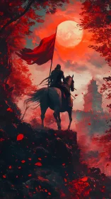 Lone rider with crimson banner surveys a blood-red moonlit citadel.