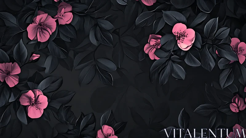 Pink Blooms on Dark Foliage: Botanical Digital Composition.