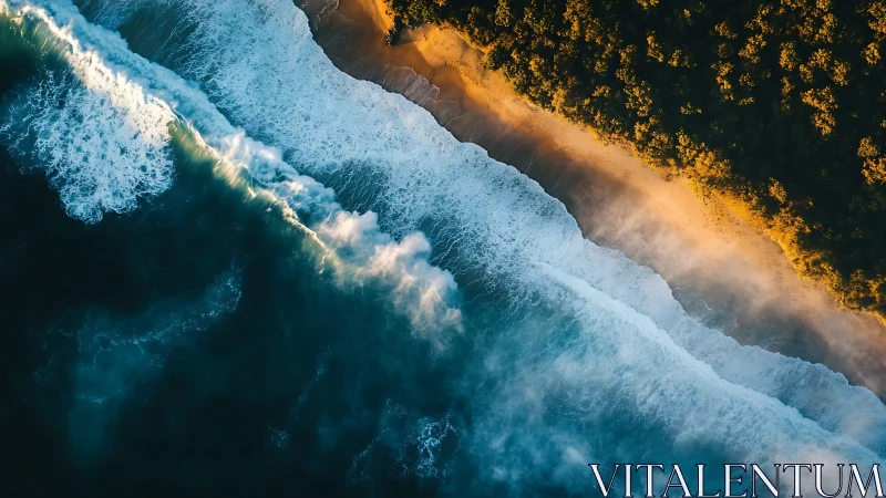 Aerial coastline shows oblique surf impact on sunlit sandy shore