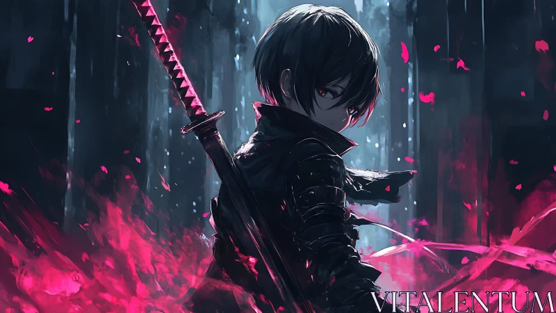 Shadowed swordsman with crimson energy in cyber forest.