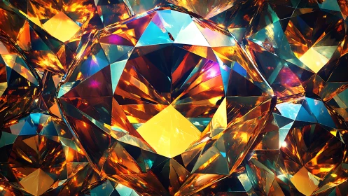 Prismatic gemstone facets refract molten amber and cyan light