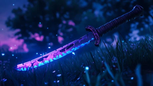 Glowing short sword rests in neon grass under twilight sky