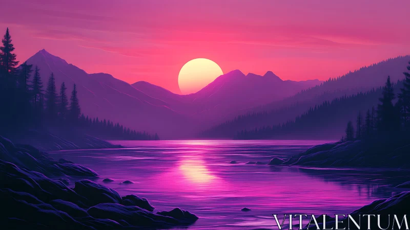 Vibrant magenta sunset over tranquil mountain river