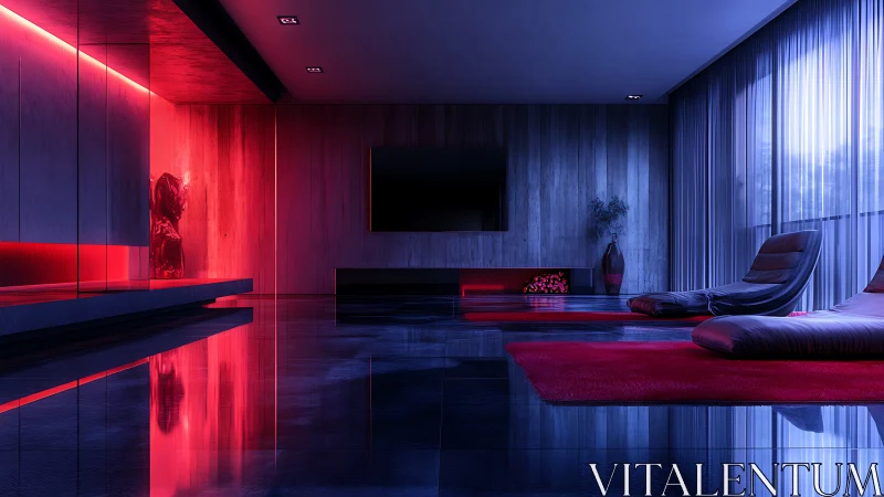 Neon-lit minimalist lounge in dramatic red and blue glow.