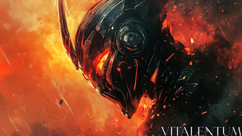 Fiery armored robot head in molten abstract inferno.