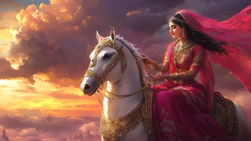 Regal rider in crimson sari on white stallion at sunset.