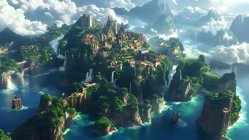 Fantastical Sky City Nestled Among Verdant Cliff Islands with Cascading Waterfalls