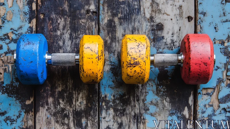 Colorful metal dumbbells rest on distressed wooden boards