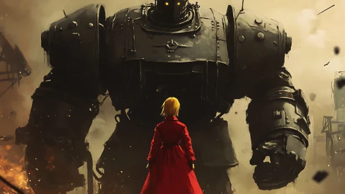 Small figure confronts towering armored robot in ruins.
