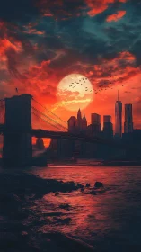 Fiery red sunset engulfs city skyline beyond river bridge