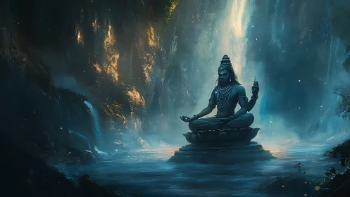 Moonlit river sanctuary cradles meditating blue deity
