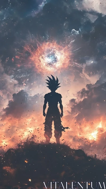 Warrior silhouette confronts cosmic explosion in storm sky