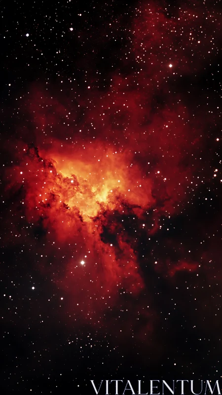 Red emission nebula glows against dense star field background.