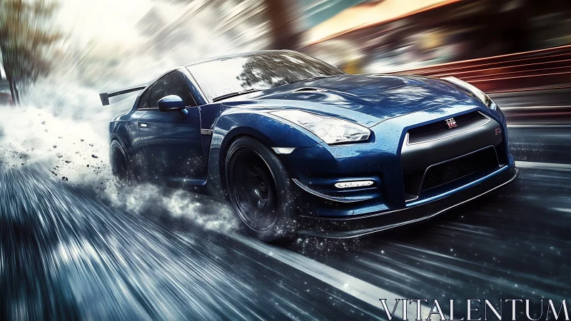 Photorealistic blue sports coupe in dynamic drift perspective.