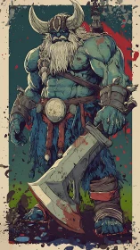 Blue-skinned horned warrior stands holding oversized axe