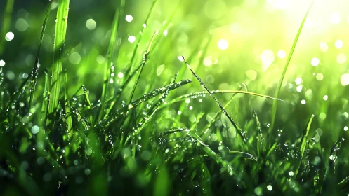 Macro dew-covered grass blades capture luminous morning light